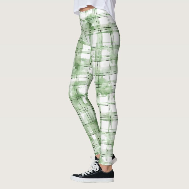 Green White Plaid Stripes Leggings (Left)