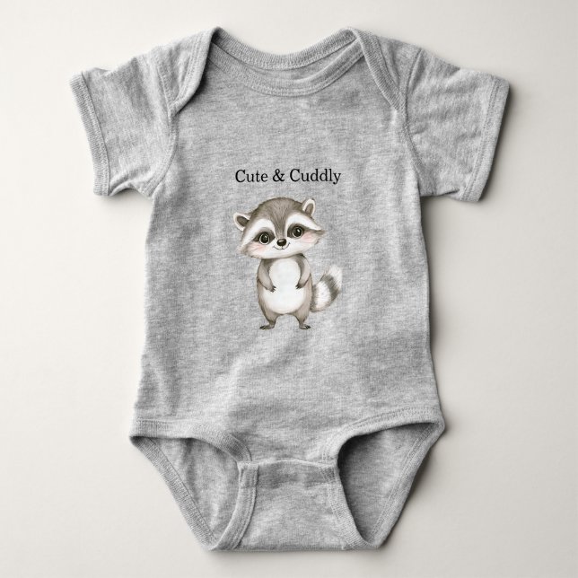 Green White Plaid Stripes Raccoon Baby Bodysuit (Front)