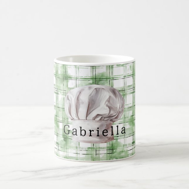 Green White Plaid Stripes White Chef's Hat Coffee Mug (Center)