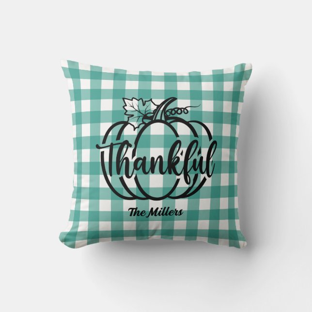 Green White Plaid Thanksgiving Cozy Rustic Fall Throw Pillow (Front)