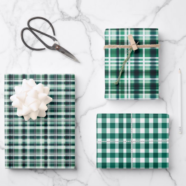 Green & White Plaid Trio Wrapping Paper Sheets (Front)