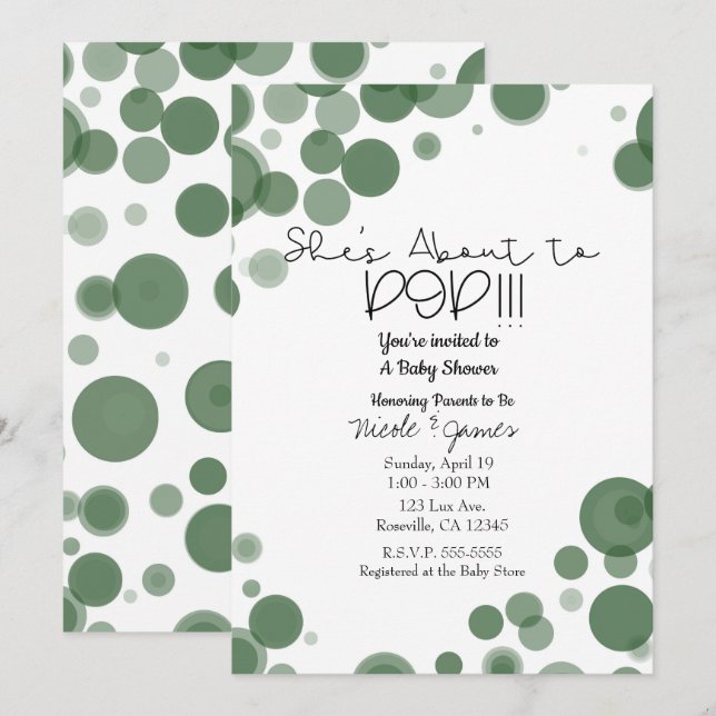 Green & White Polka Dot Bubbles She's About to POP Invitation (Front/Back)