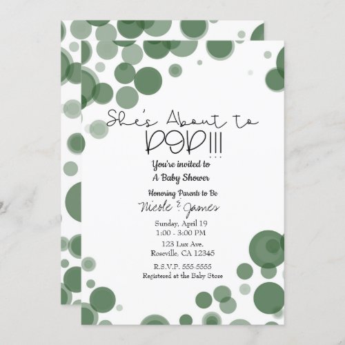 Green  White Polka Dot Bubbles Shes About to POP Invitation