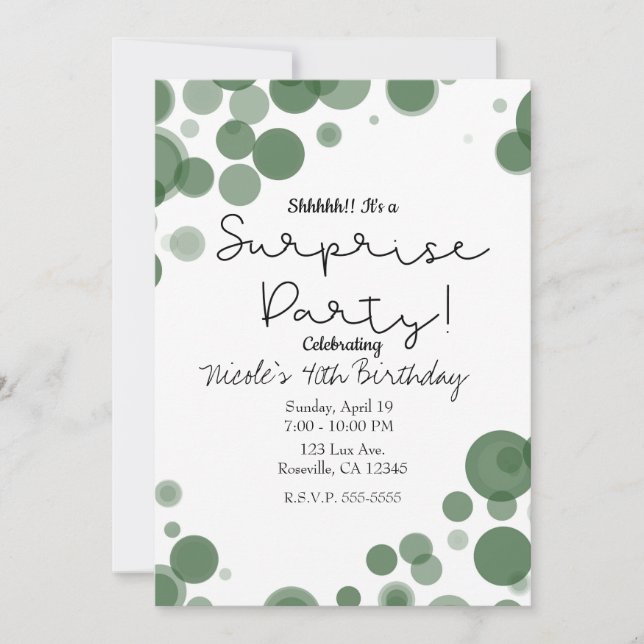 Green White Polka Dot Bubbles Surprise Party Invitation (Front)