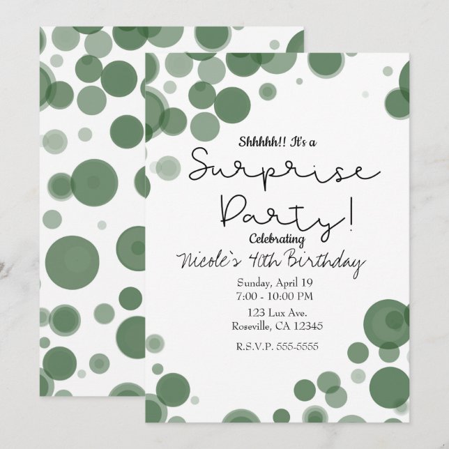 Green White Polka Dot Bubbles Surprise Party Invitation (Front/Back)