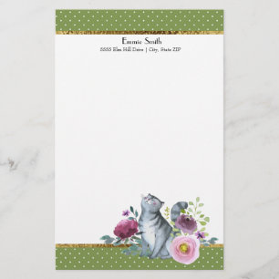 Green White Polka Dots Gold Gray Cat Flowers Stationery