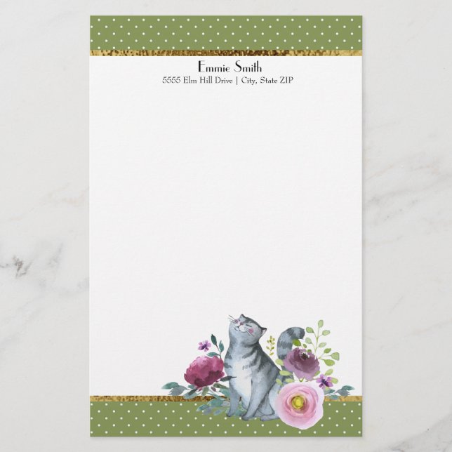 Green White Polka Dots Gold Gray Cat Flowers Stationery (Front)