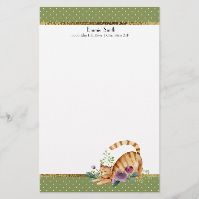 Green White Polka Dots Gold Tiger Cat Stationery (Front)