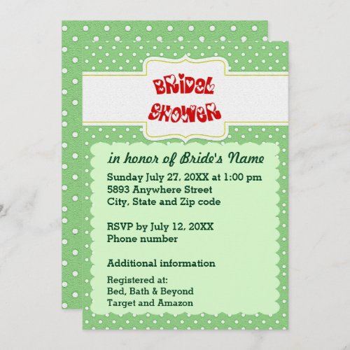 Green  White Polka Dots Heart Text Bridal Shower Invitation