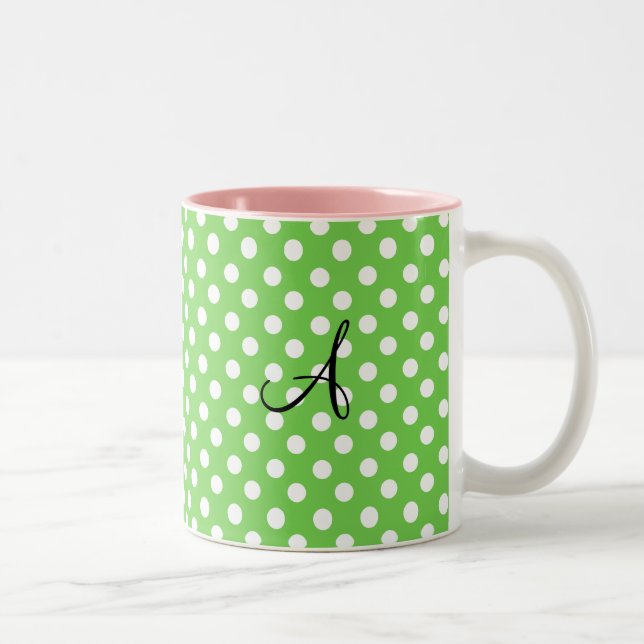 Green white polka dots monogram Two-Tone coffee mug (Right)
