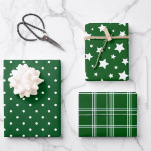 Green White Polka Dots Stars Plaid Holiday Wrapping Paper Sheets