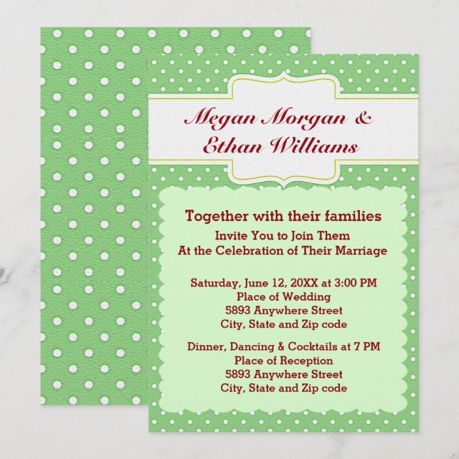 Green & White Polka Dots Wedding Invitation (Front/Back)