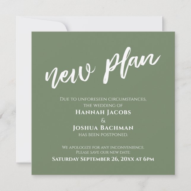 Green & White Postponed Wedding New Plan Card (Front)