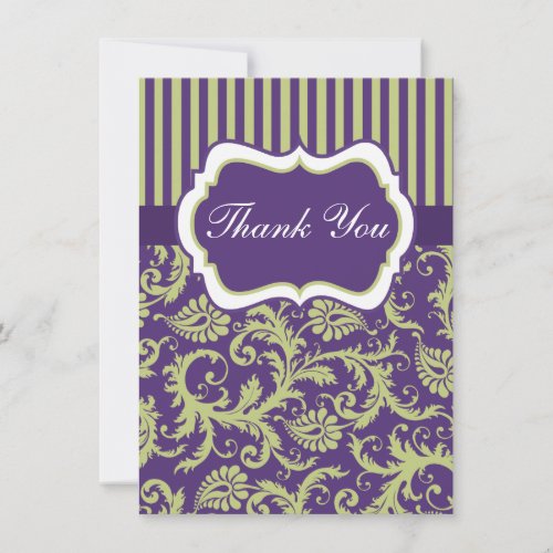 Green White Purple Damask Thank You Card