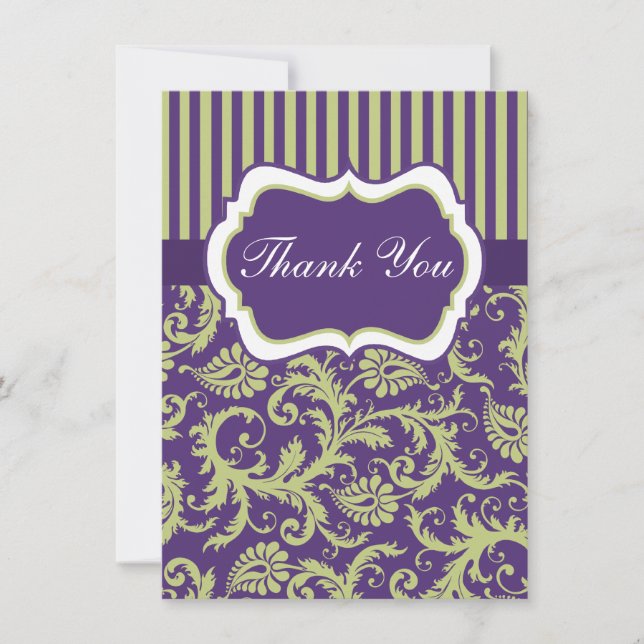 Green, White, Purple Damask Thank You Card (Front)