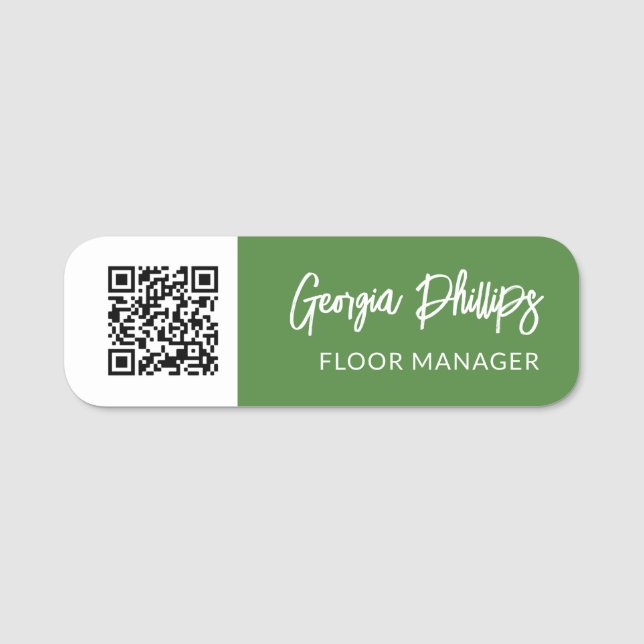 Green & White QR Code Brush Script Name Tag (Front)