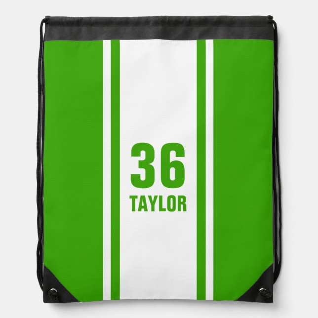 Green & White Racer Stripe Monogram Drawstring Bag (Front)