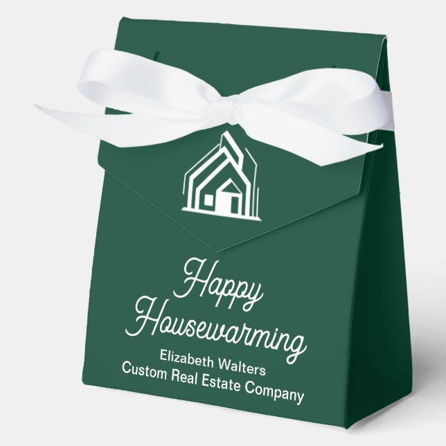 Green White Real Estate Happy Housewarming Custom Favor Boxes (Front)