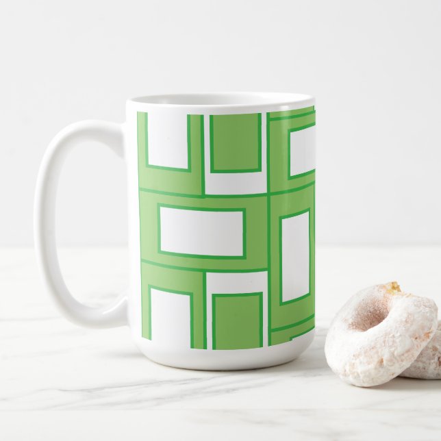 Green White Rectangles Geometric Pattern Coffee Mug (With Donut)