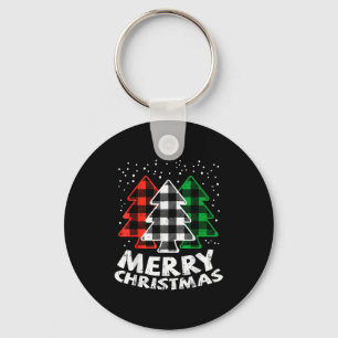 Green White Red Buffalo Plaid Merry Christmas Tree Keychain