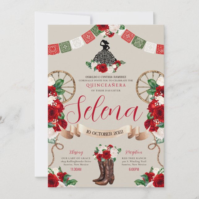 Green White Red Charro Quinceanera Papel Picado Invitation (Front)