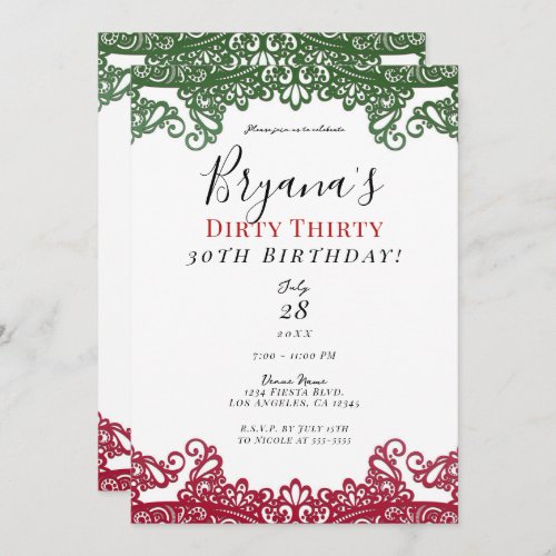 Green White  Red Chic Dirty 30 30th Birthday  Invitation