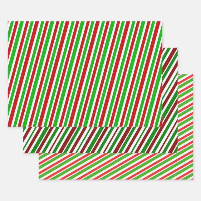 Green, White, Red Christmas-Style Striped Patterns Wrapping Paper Sheets (Set)