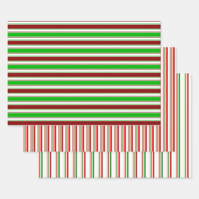 Green, White, Red Christmas Style Stripes Patterns Wrapping Paper Sheets (Set)