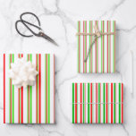[ Thumbnail: Green, White, Red Christmas-Style Stripes Patterns Wrapping Paper Sheets ]