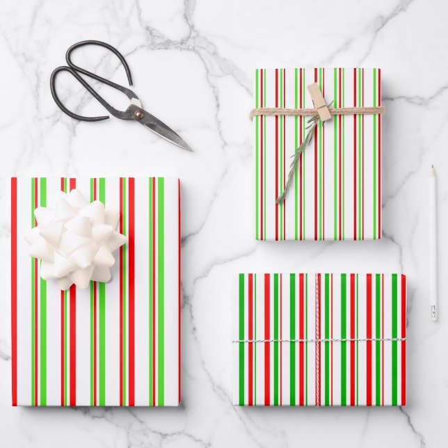 Green, White, Red Christmas-Style Stripes Patterns Wrapping Paper Sheets (Front)
