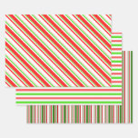 [ Thumbnail: Green, White, Red Christmas-Style Stripes Patterns Wrapping Paper Sheets ]