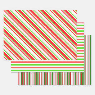 Green, White, Red Christmas-Style Stripes Patterns Wrapping Paper Sheets