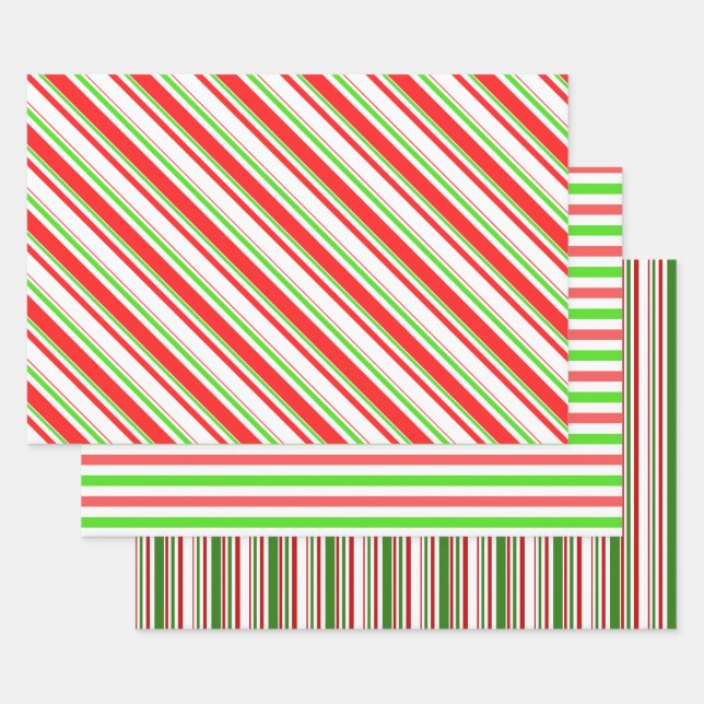 Green, White, Red Christmas-Style Stripes Patterns Wrapping Paper Sheets (Set)