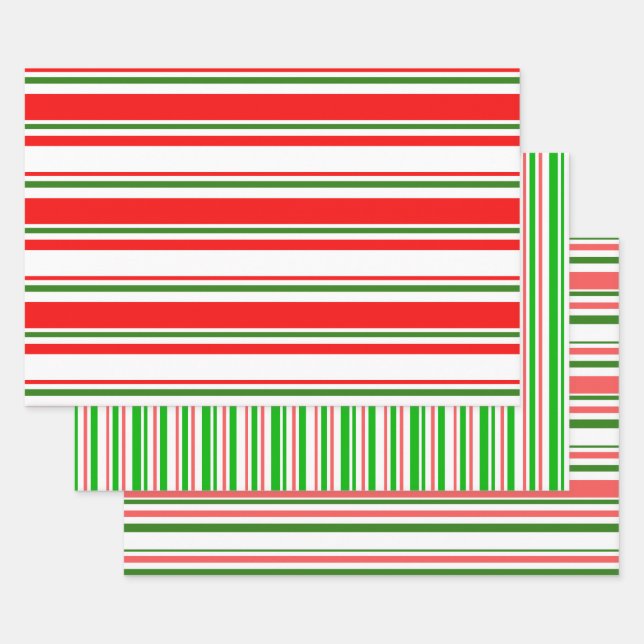 Green, White, Red Christmas Themed Lined Patterns Wrapping Paper Sheets (Set)