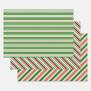 Green, White, Red Christmas-Themed Lines Patterns Wrapping Paper Sheets