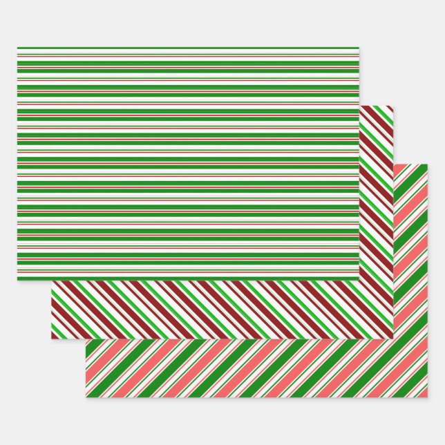 Green, White, Red Christmas-Themed Lines Patterns Wrapping Paper Sheets (Set)