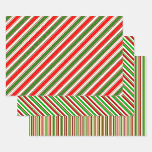 Green, White, Red Christmas Themed Stripes Wrapping Paper Sheets
