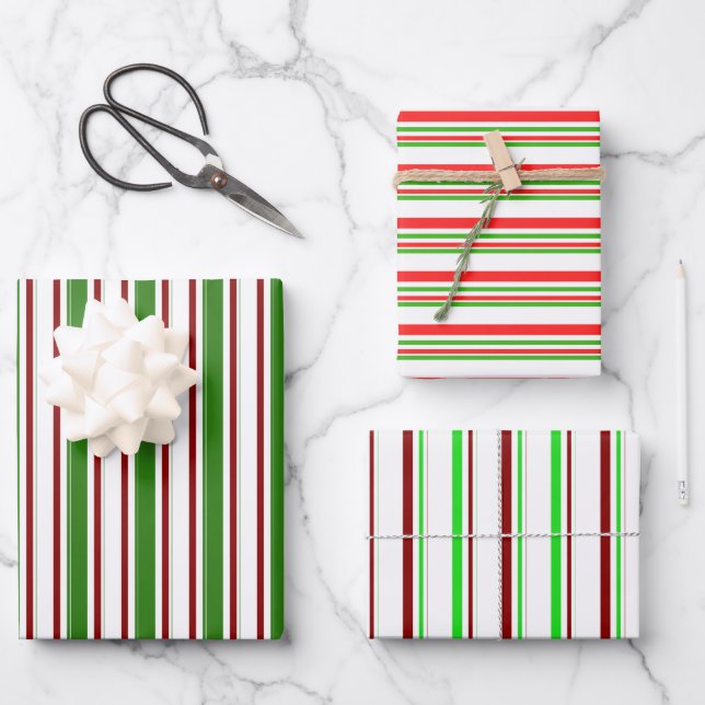 Green, White, Red Colored Christmas Inspired Wrapping Paper Sheets (Front)