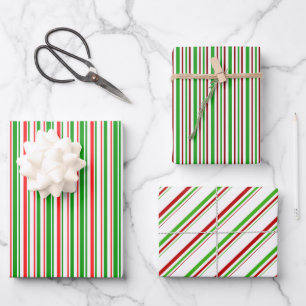 Green, White, Red Colored Christmas Style Stripes Wrapping Paper Sheets