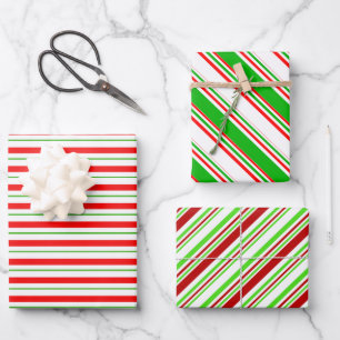 Green, White, Red Colored Christmas Style Stripes Wrapping Paper Sheets