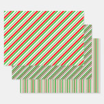 [ Thumbnail: Green, White, Red Colored Christmas-Style Stripes Wrapping Paper Sheets ]