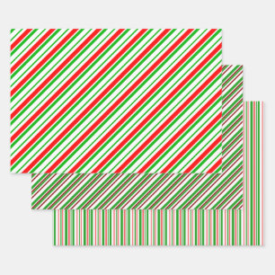 Green, White, Red Colored Christmas-Style Stripes Wrapping Paper Sheets