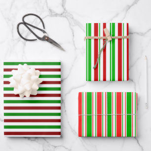 Green, White, Red Colored Christmas Style Stripes Wrapping Paper Sheets