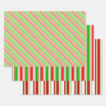[ Thumbnail: Green, White, Red Colored Christmas-Style Stripes Wrapping Paper Sheets ]