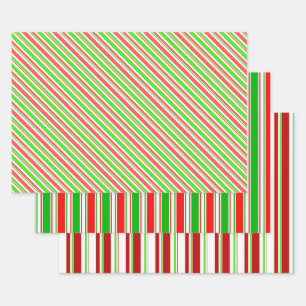 Green, White, Red Colored Christmas-Style Stripes Wrapping Paper Sheets
