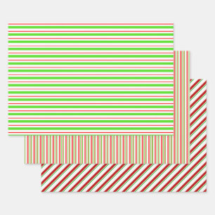 Green, White, Red Colored Christmas Style Stripes Wrapping Paper Sheets
