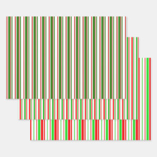 Green, White, Red Colored Christmas-Themed Lines Wrapping Paper Sheets