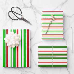 Green, White, Red Colored Christmas Themed Lines Wrapping Paper Sheets