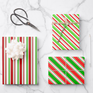 Green, White, Red Colored Christmas Themed Lines Wrapping Paper Sheets