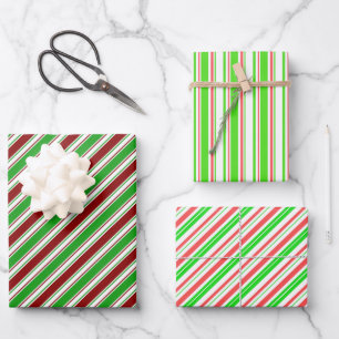 Green, White, Red Colored Christmas-Themed Lines Wrapping Paper Sheets